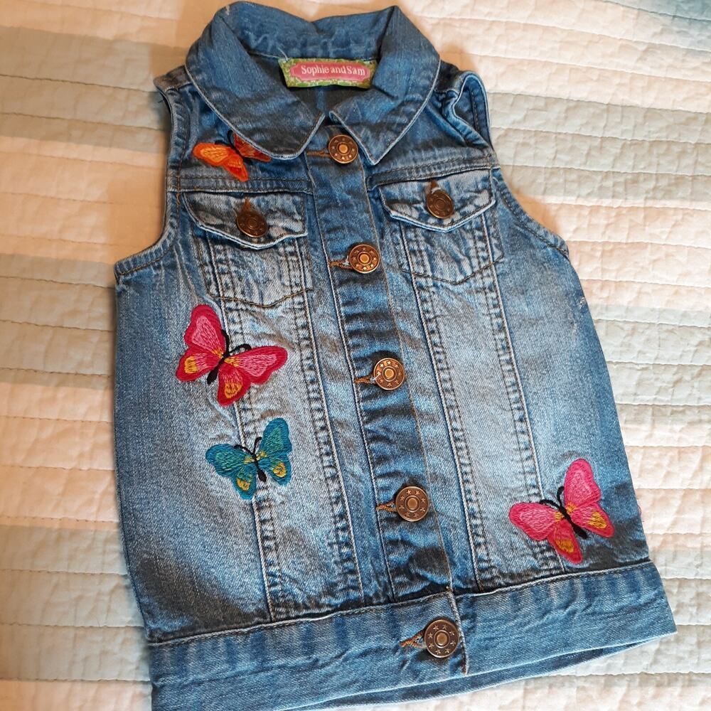 Sophia & Sam Denim Vest Size 18 mth Embroidered Butterflies Buttons Up - Picture 1 of 7